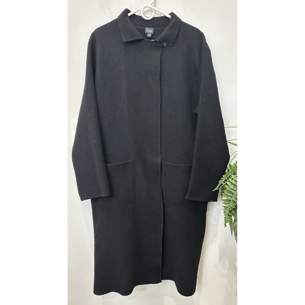 Eileen Fisher 100% Wool Coat Large Black Long Classic Minimalist Lagenlook
